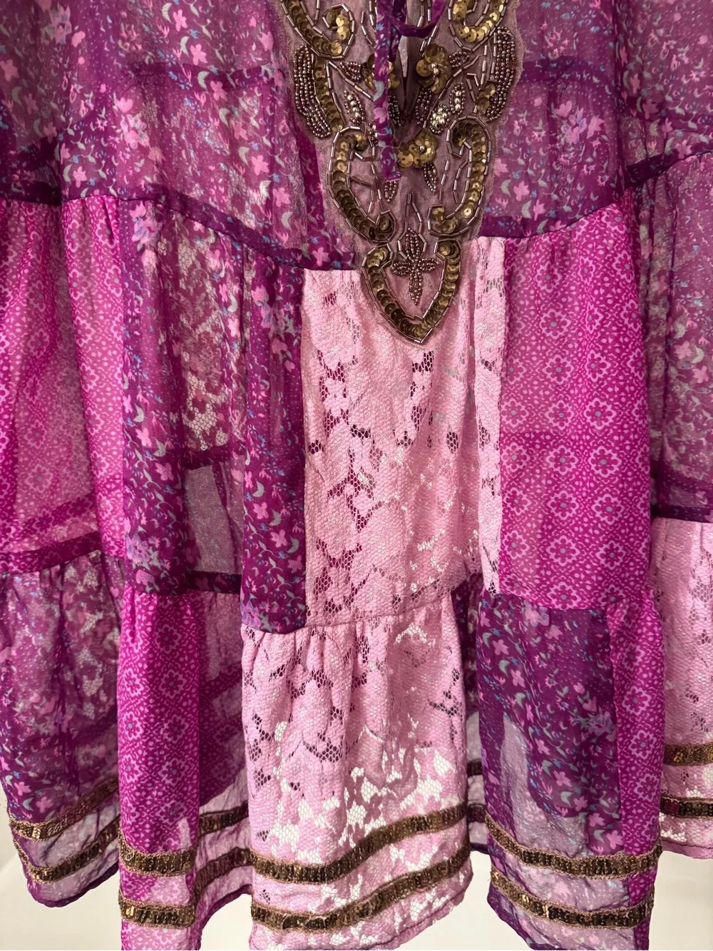 Free people Purple Pink Boho Peasant Tunic with Embellished Neckline